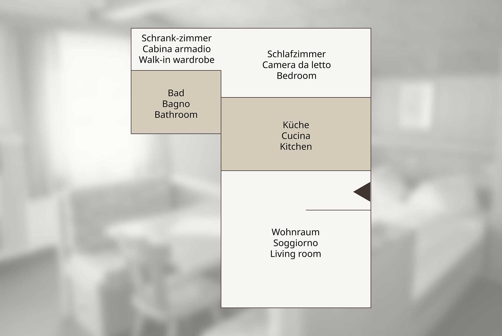 Einfacher Grundriss mit beschrifteten Räumen: begehbarer Kleiderschrank, Bad, Schlafzimmer, Küche und Wohnzimmer. - Hotel Mooserhof